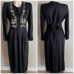 Vintage 80s Gothic Western Black Pearl Embroidered Midi Dress JBS LTD 12P
